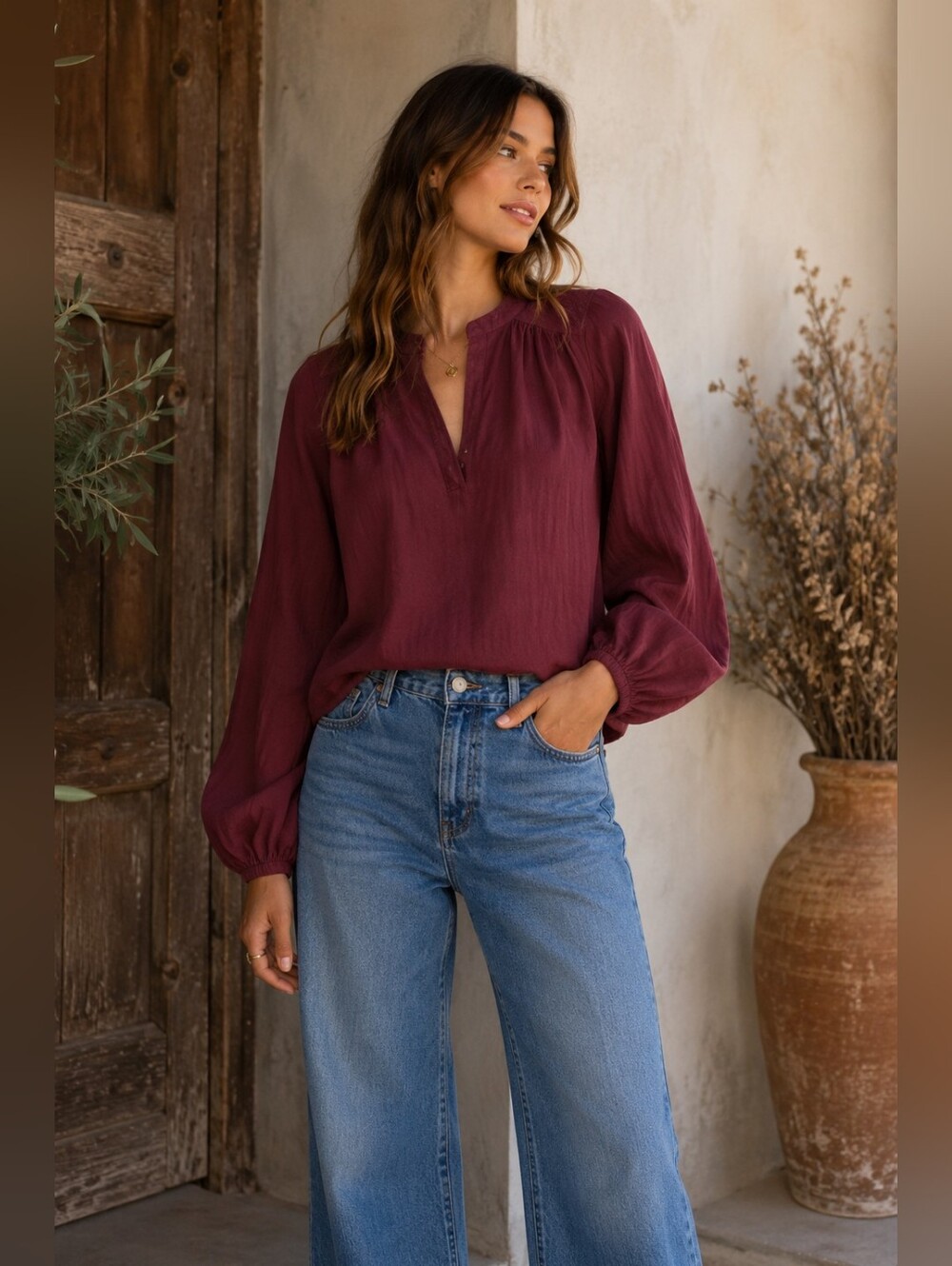 NATION Maya V-neck Balloon Sleeve Top in Bordeaux Casual Feminine Women's XS NWT